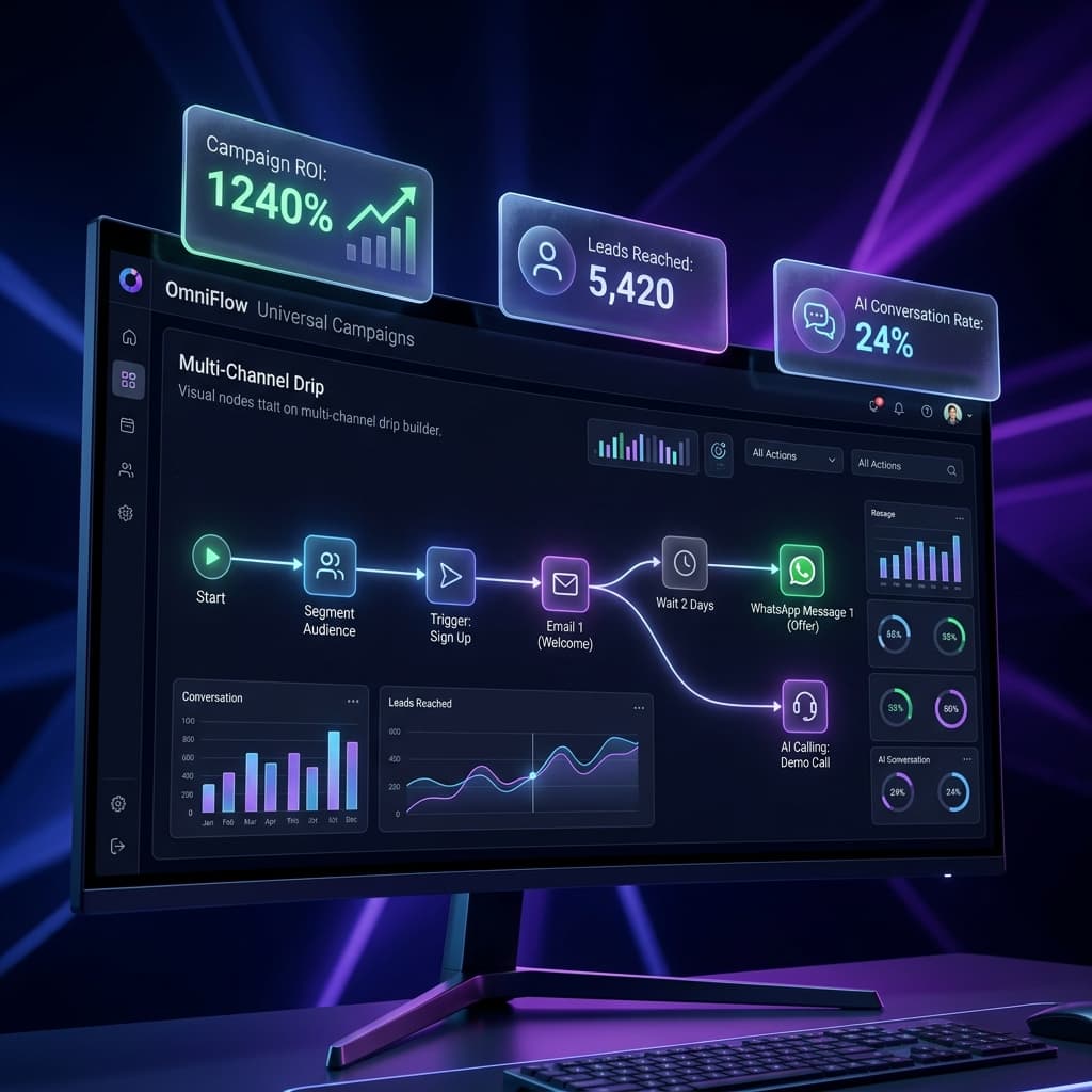 KelBrix campaign dashboard showing WhatsApp bulk marketing, email automation, AI calling, and CRM-triggered outreach
